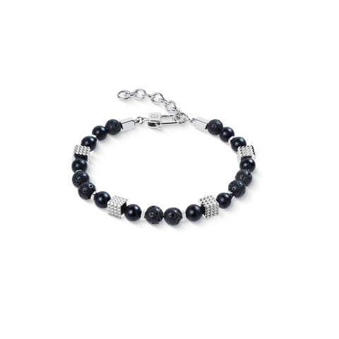 Onyx And Lava Bead Bracelet With Mini Spikes Cubes In Stainless Steel