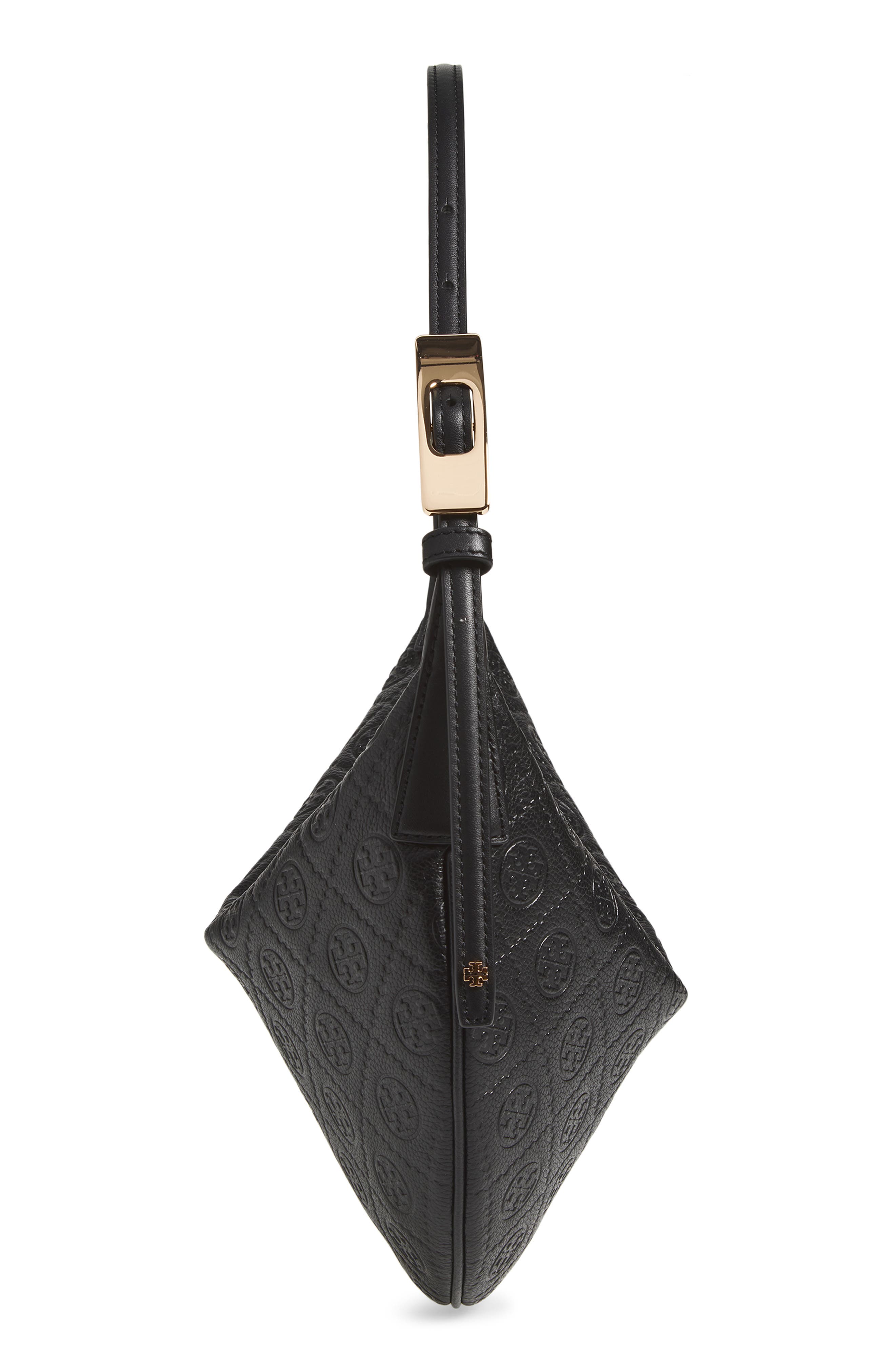 Tory Burch Small T Monogram Pebble Leather Balloon Bag, Alternate, color, Black