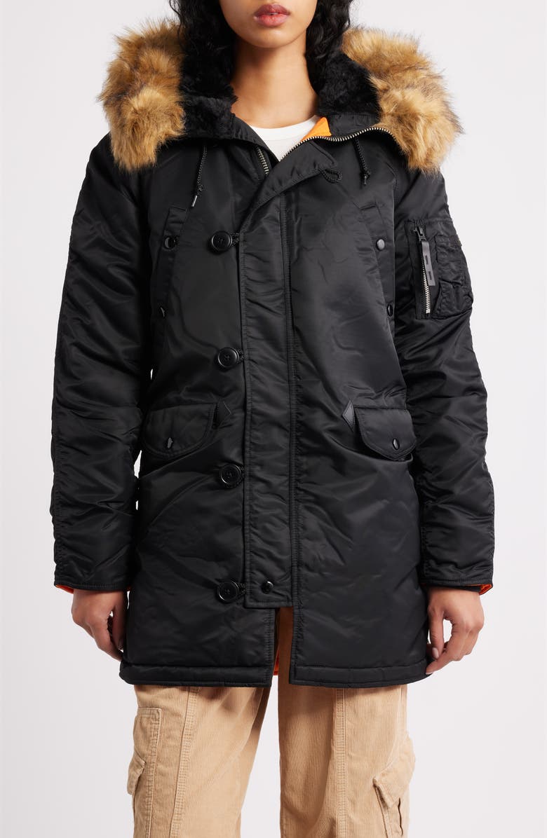 Alpha Industries Alpha N-3B Water Resistant Parka with Removable Faux Fur Trim, Main, color, Black