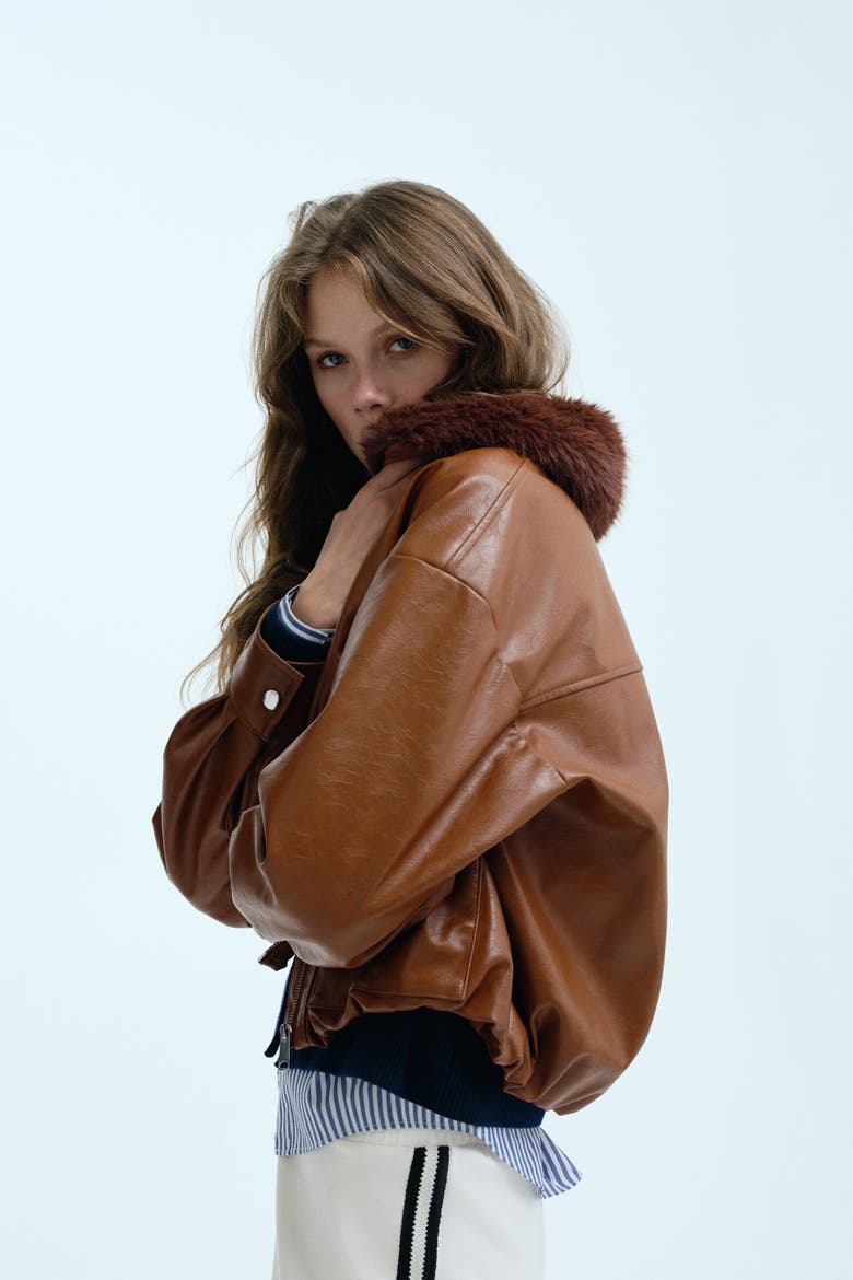 Fluffy-collared Jacket, Main, color, Brown