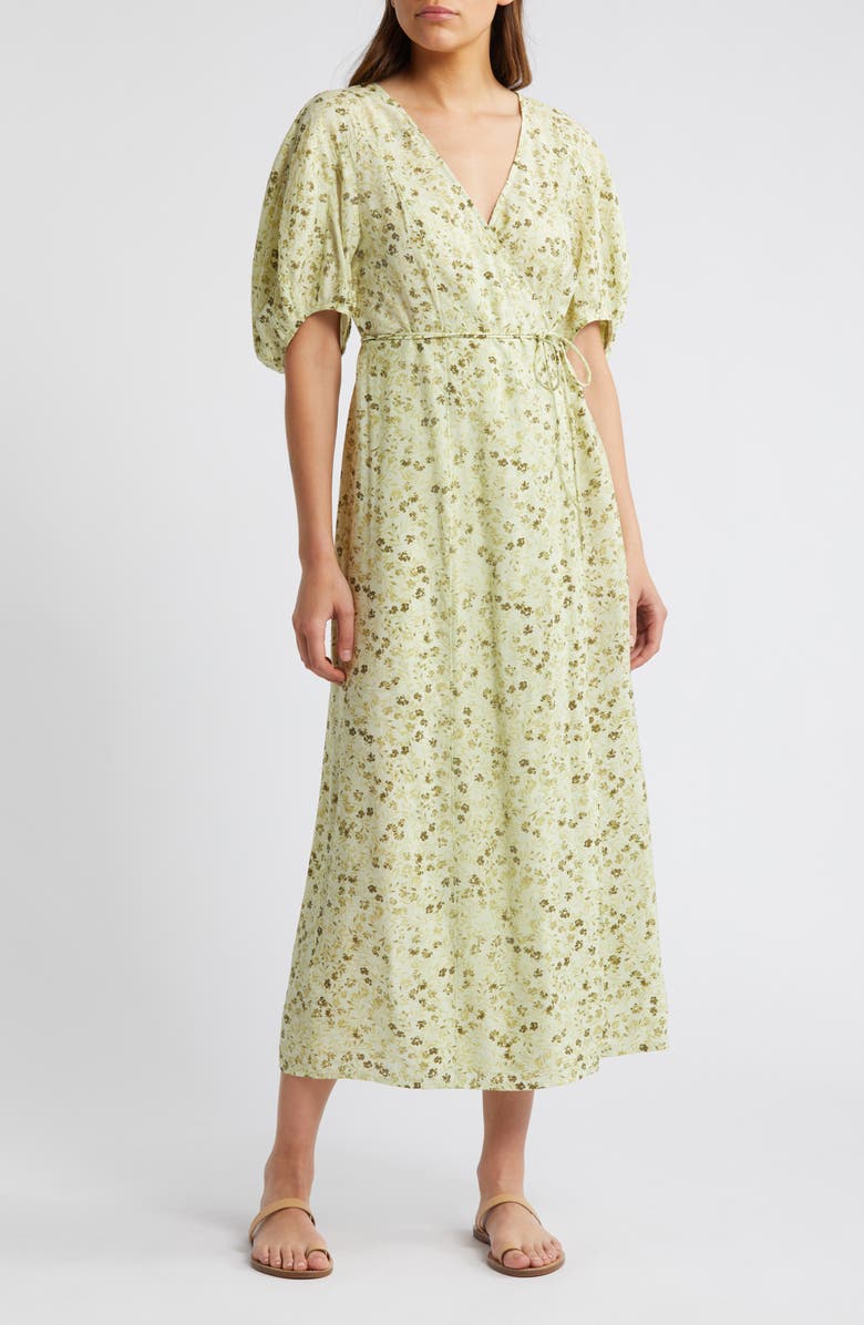 Madewell Floral Puff Sleeve Wrap Front Dress, Main, color, Honeydew
