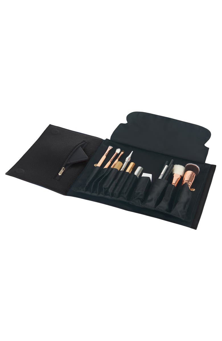 KUSSHI Makeup Brush Organizer Clutch, Alternate, color, Black Leather