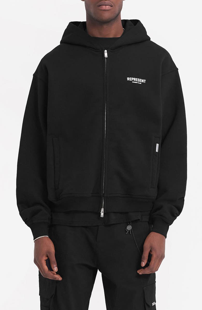 Represent Owners' Club Script Graphic Zip Hoodie, Main, color, Black