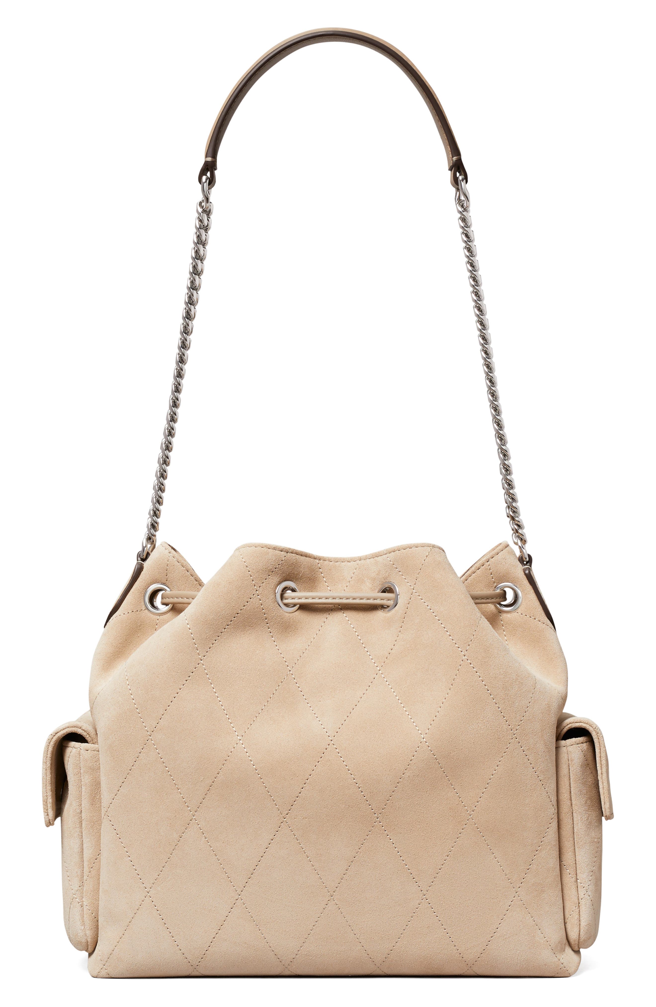 Charlie Quilted Suede Drawstring Bag, Alternate, color, SOFT CEMENT