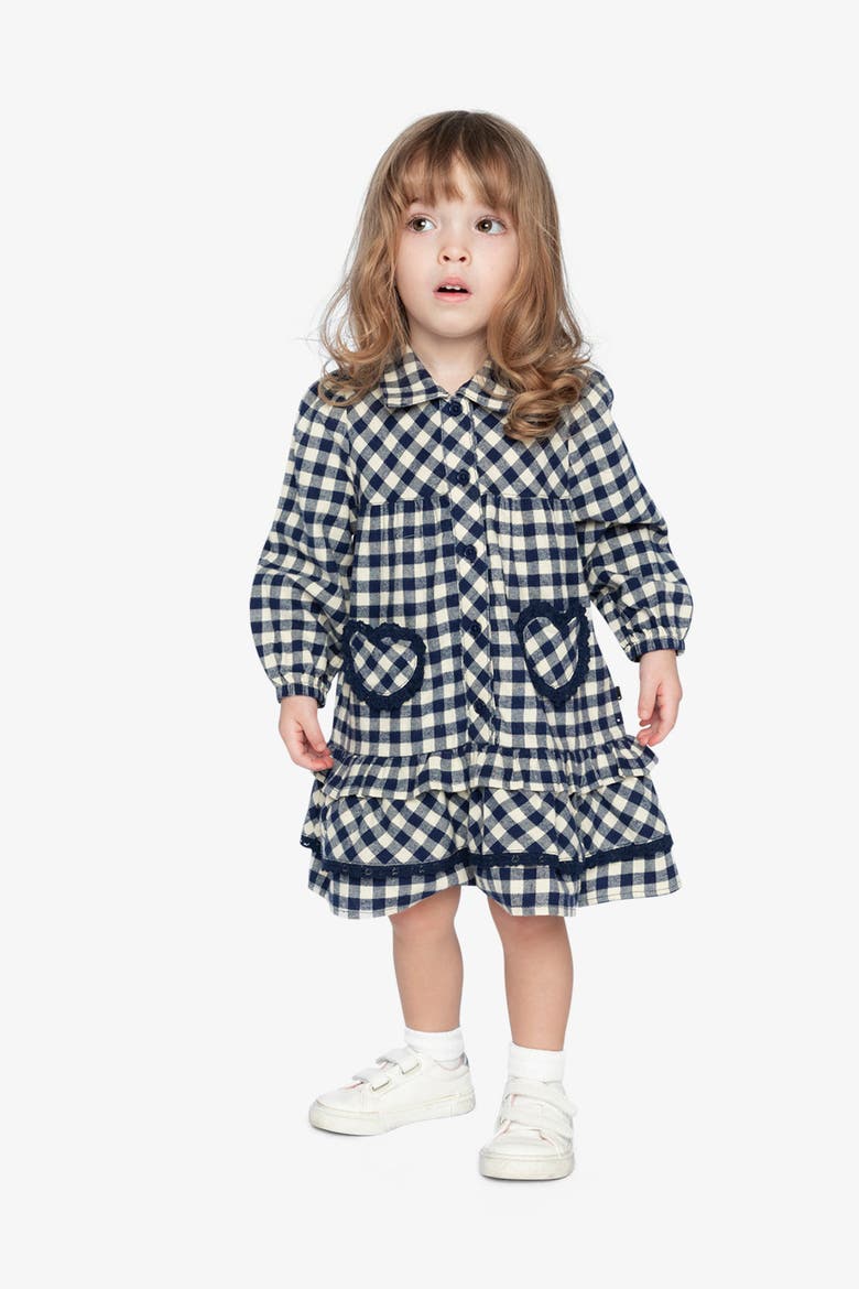 Gingham Frilled Heart Pocket Shirt Dress, Alternate, color, Blue and White Gingham Print