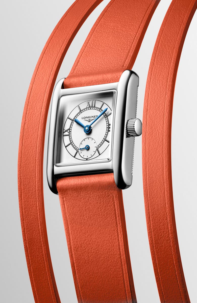 Longines Mini DolceVita Three-Row Orange Leather Strap Watch, 21.5mm x 29mm, Alternate, color, Silver/ Orange