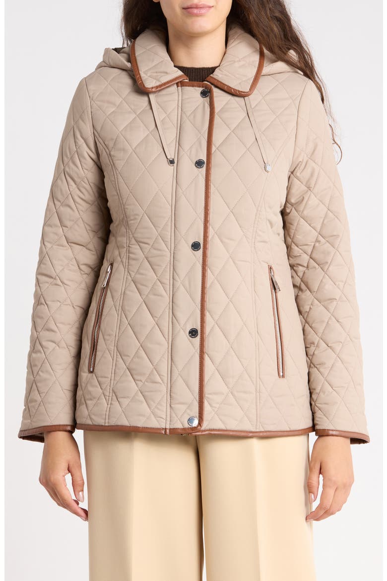 Quilted Hooded Jacket with Faux Leather Trim, Main, color, TAUPE