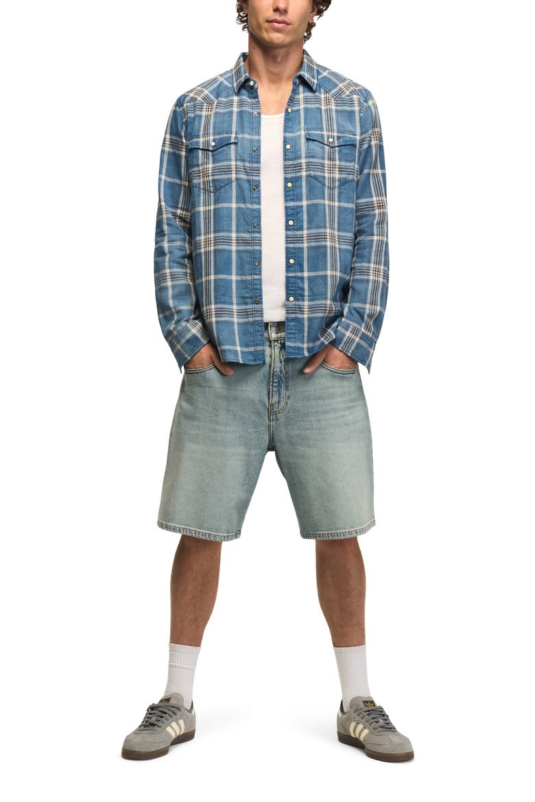 Mesa Plaid Cotton Snap-Up Western Shirt, Alternate, color, INDIGO BLUE PLAID