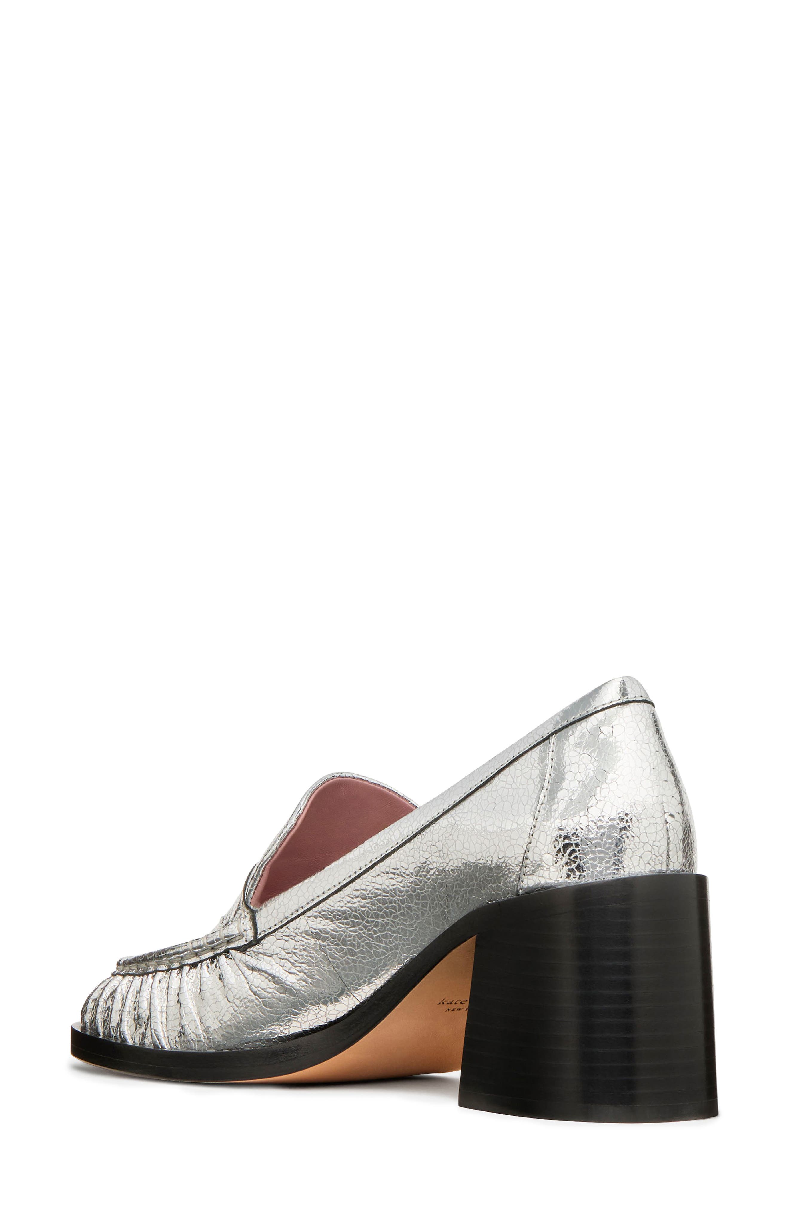 metallic leather penny loafer pump, Alternate, color, SILVER