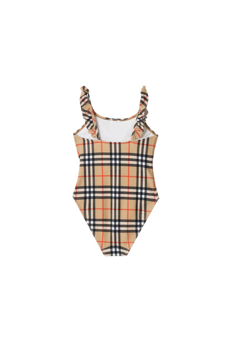 Girls' Ruffle Trim Check Swimsuit, Alternate, color, Sand beige