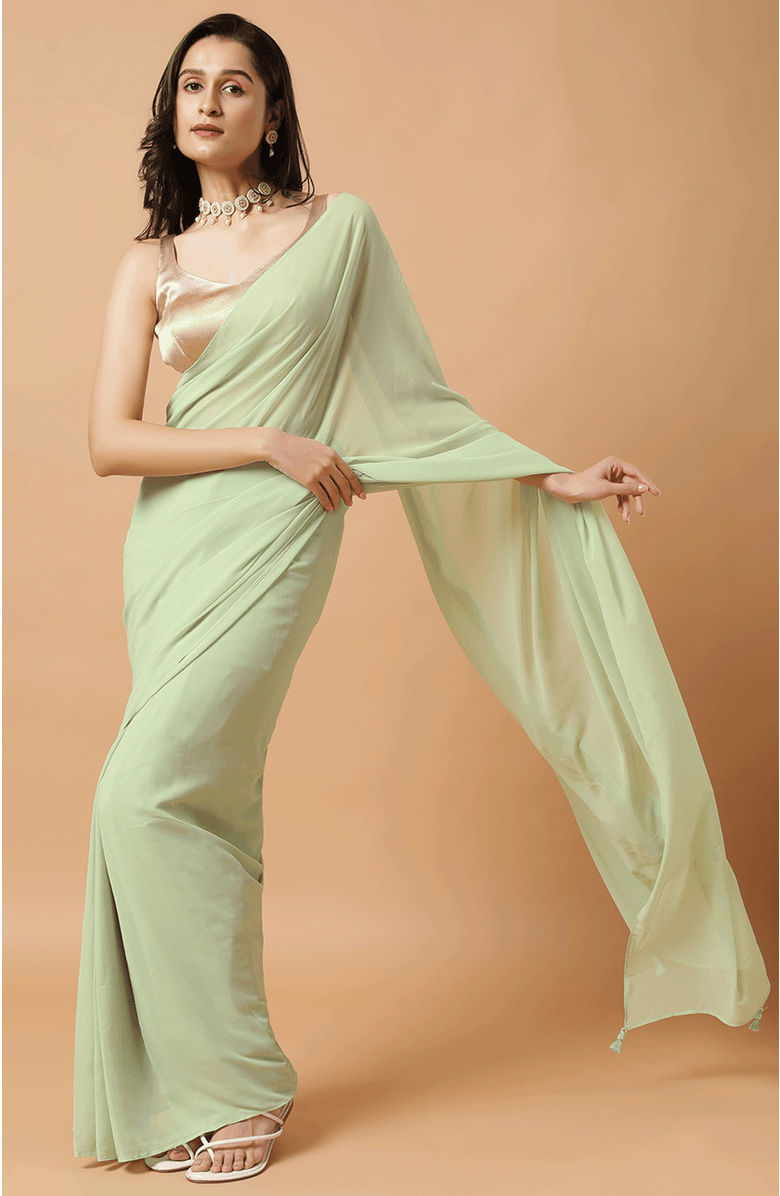 One Minute Saree<sup>®</sup> Pari Key Lime Green Pre-Draped Georgette Saree, Alternate, color,