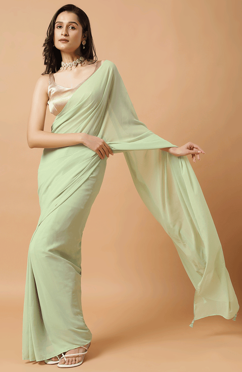One Minute Saree® Pari Key Lime Green Pre-draped Georgette Saree In Green