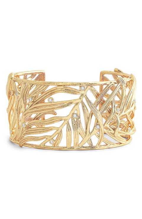 Palm Leaves Cubic Zirconia Cuff Bracelet