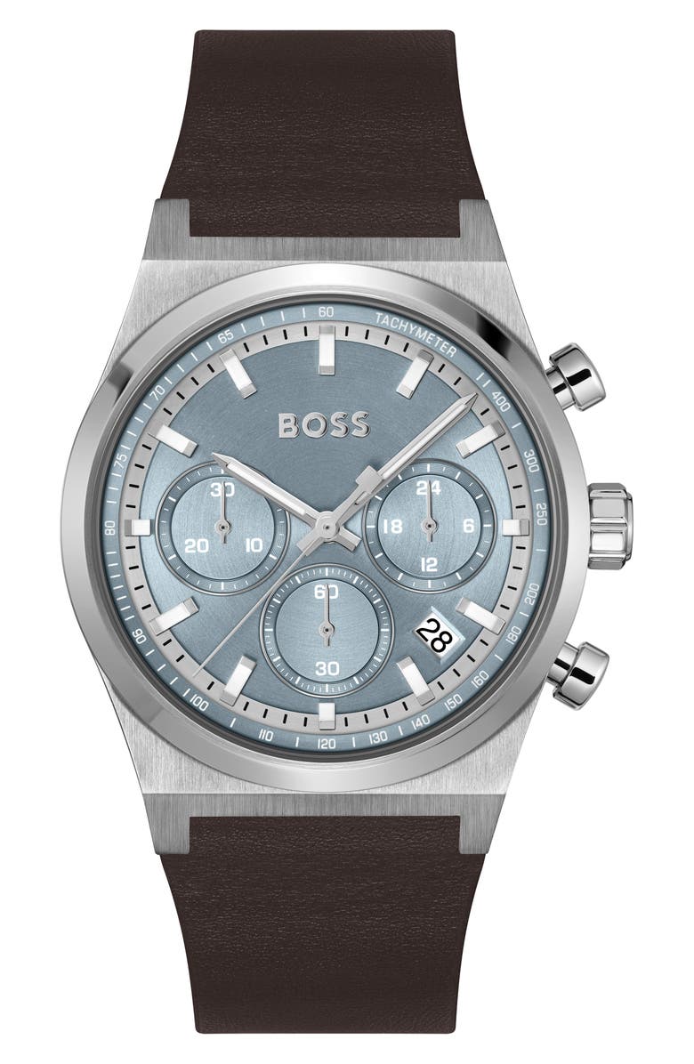 BOSS Candor Chronograph Leather Strap Watch, 41mm, Main, color, Ice Blue