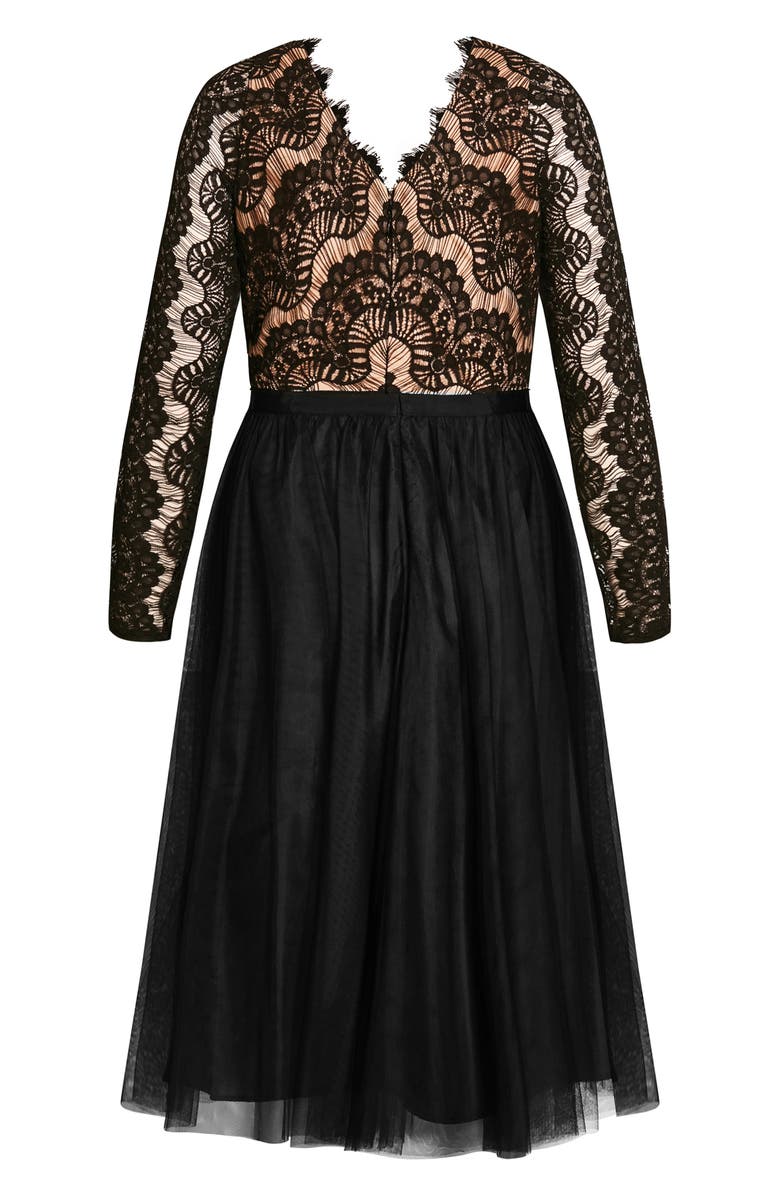City Chic Rare Beauty Lace Bodice Long Sleeve Dress, Alternate, color, Black