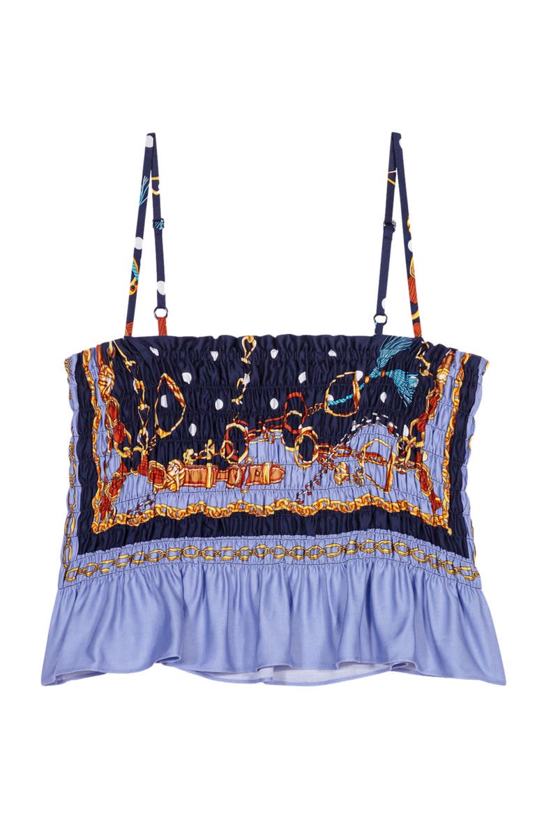 Printed smocked crop top, Alternate, color, Chain scarf print blue
