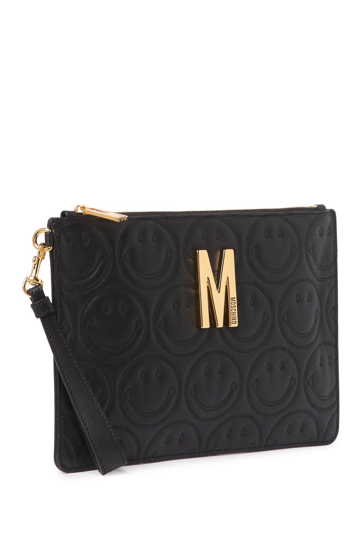 Moschino Logo Smiley Leather Wristlet Clutch, Alternate, color, 