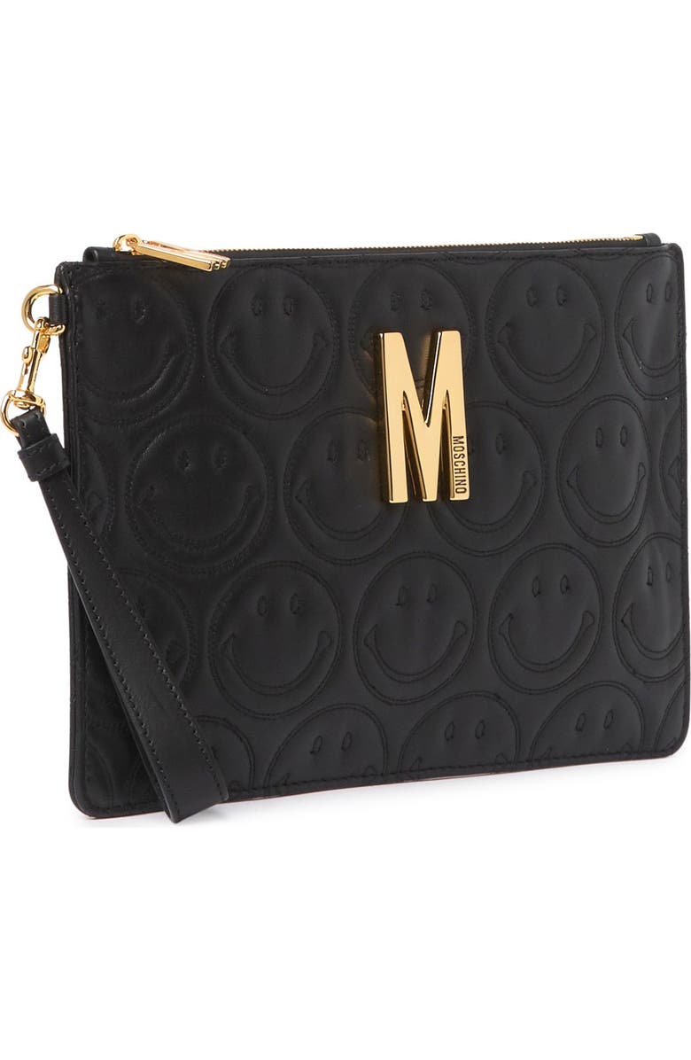 Moschino Logo Smiley Leather Wristlet Clutch, Alternate, color,