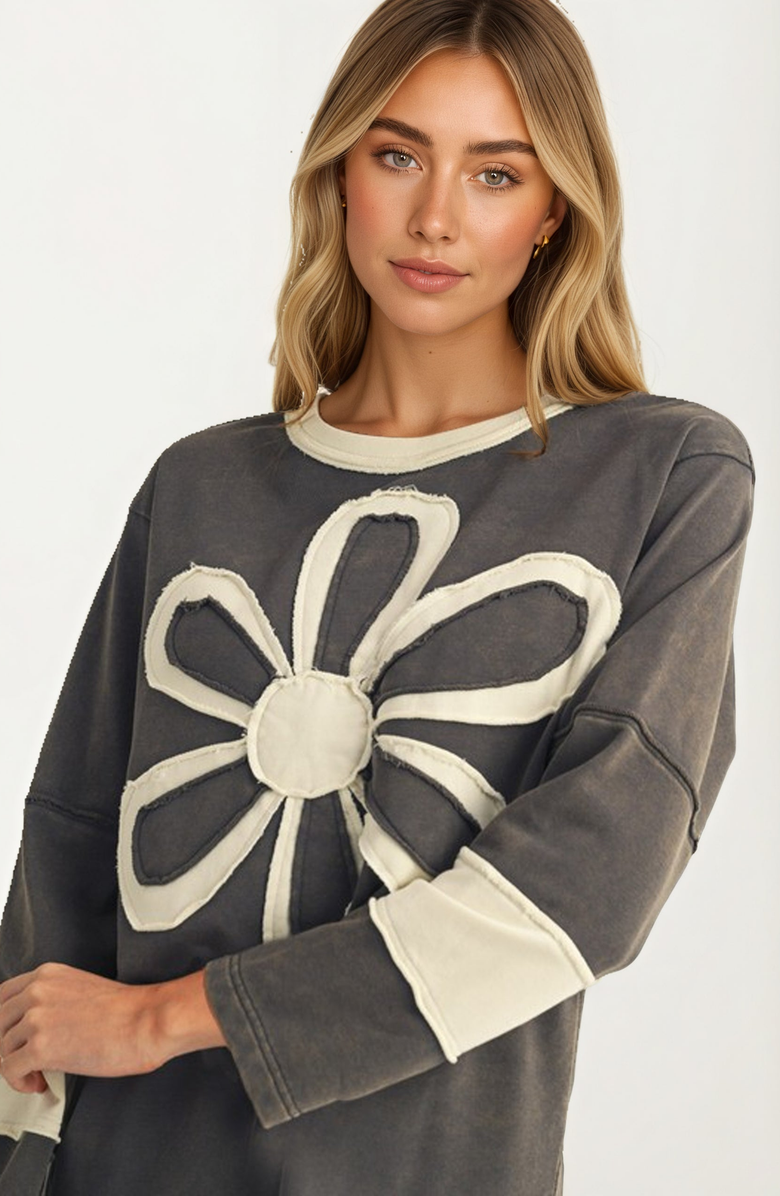 Knit and Lounge Bold Floral Applique Long Sleeve Relaxed Fit Top, Alternate, color, Gray With Floral Applique