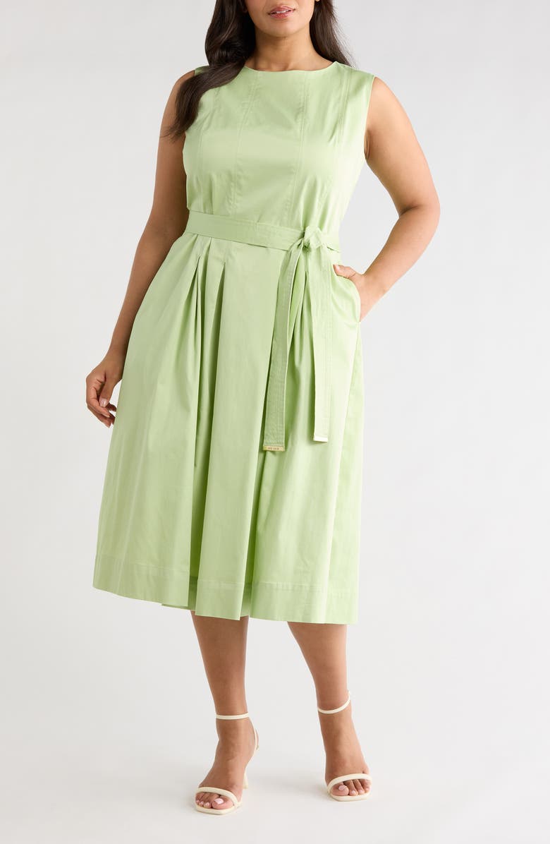 Anne Klein Tie Waist Sleeveless Stretch Poplin Maxi Dress, Main, color, Cool Sage