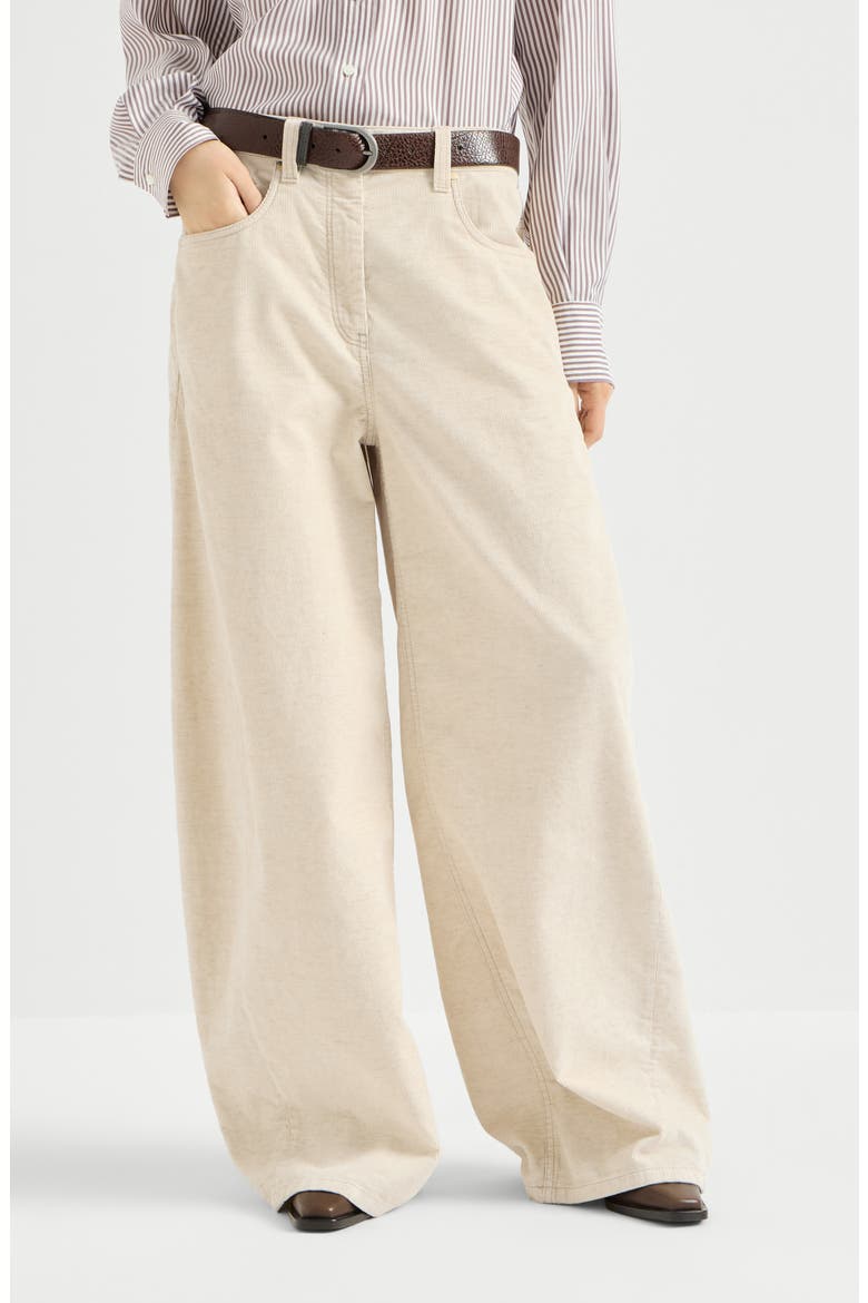 Garment-dyed wide trousers in cotton and linen corduroy with monili, Main, color, Ecru