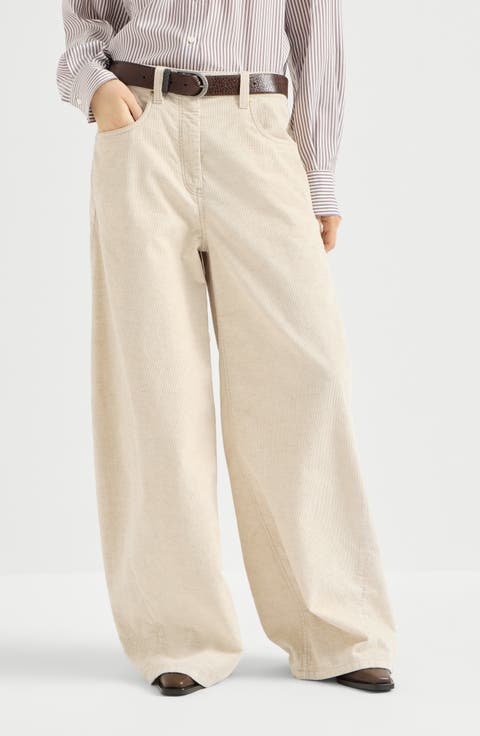 Garment-dyed wide trousers in cotton and linen corduroy with monili