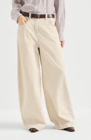 Brunello Cucinelli Garment-dyed wide trousers in cotton and linen corduroy with monili