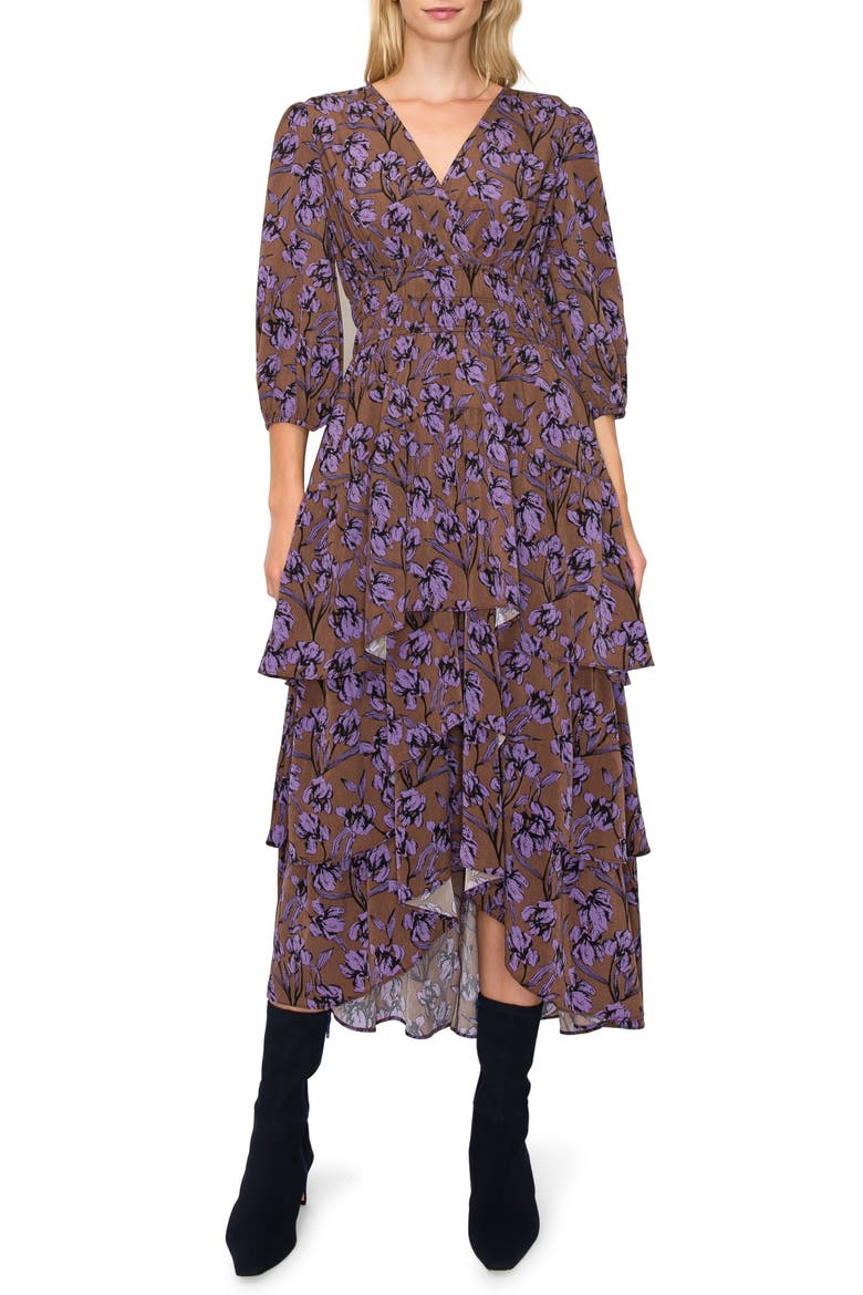 Floral Tiered Midi Dress, Main, color, BROWN PURPLE PRINT