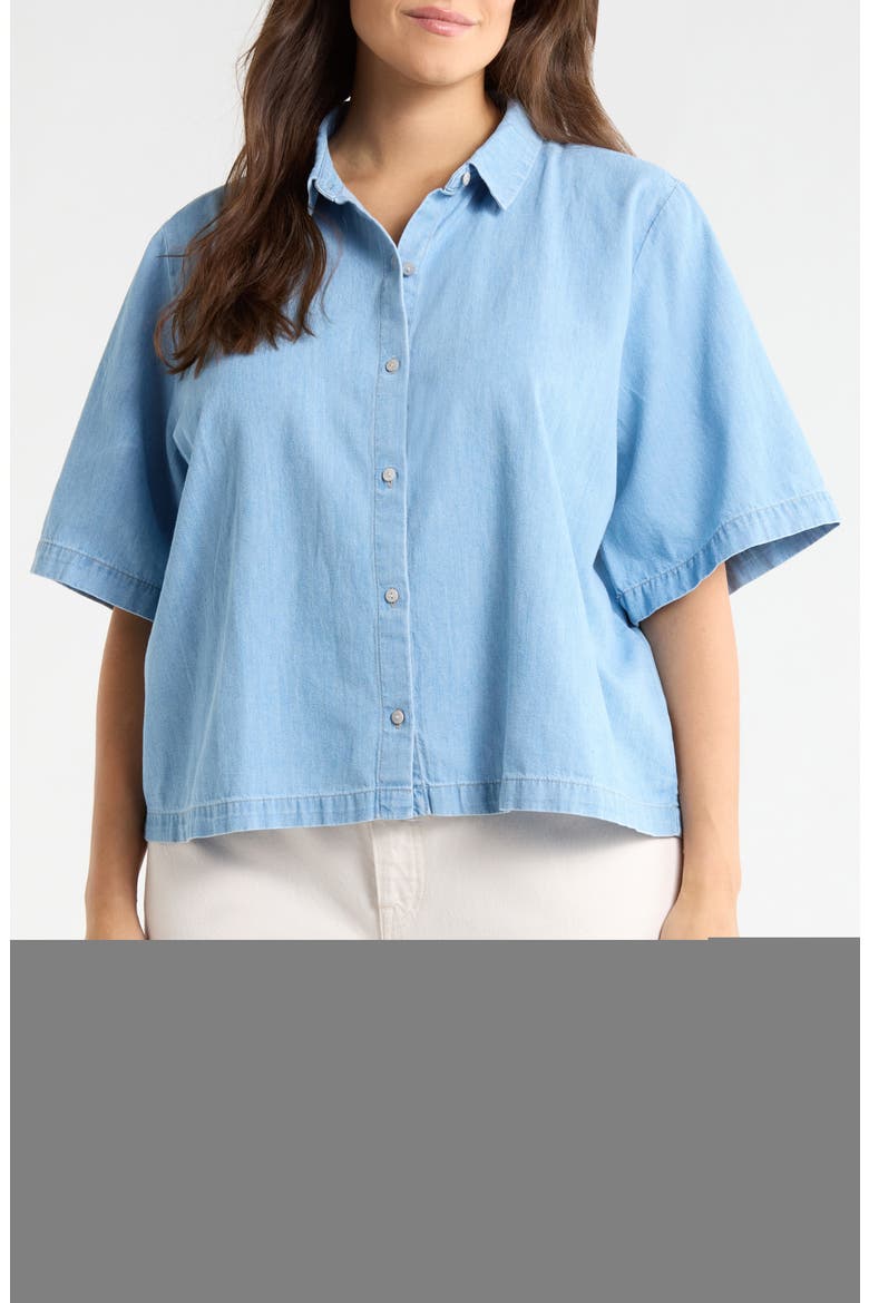 Classic Collar Elbow Length Sleeve Organic Cotton Button-Up Shirt, Main, color, LIGHT WASH