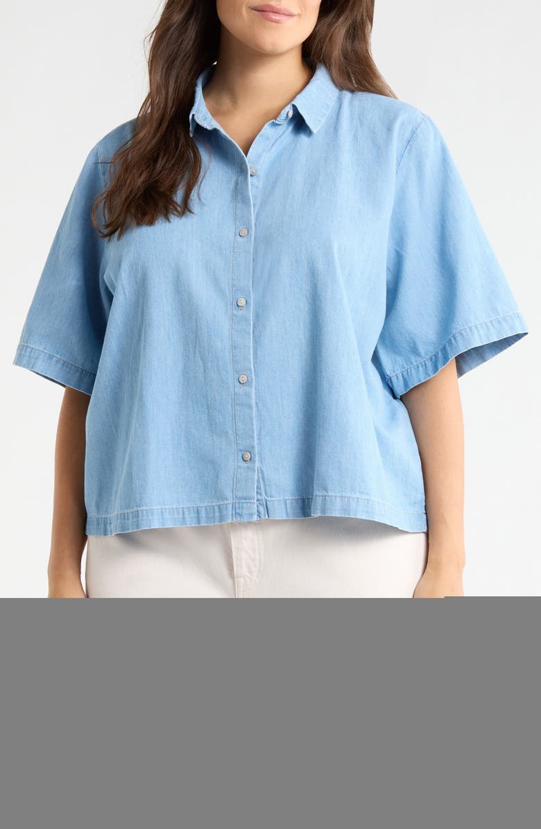 Eileen Fisher Classic Collar Elbow Length Sleeve Organic Cotton Button-Up Shirt, Main, color,
