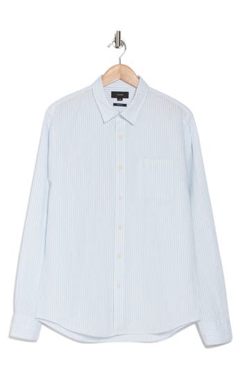 Vince Classic Stripe Linen Long Sleeve Shirt In Pale Blue/white