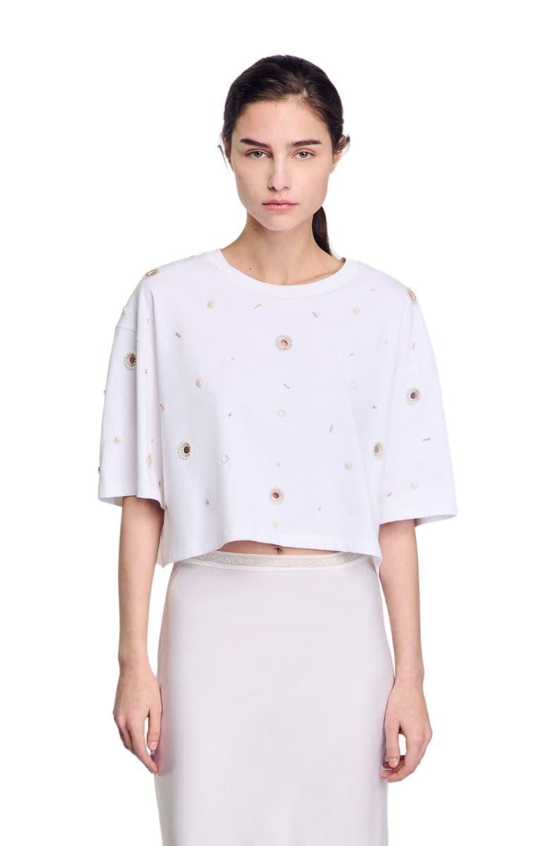 SANDRO Cropped pearl bead T-shirt, Alternate, color, White