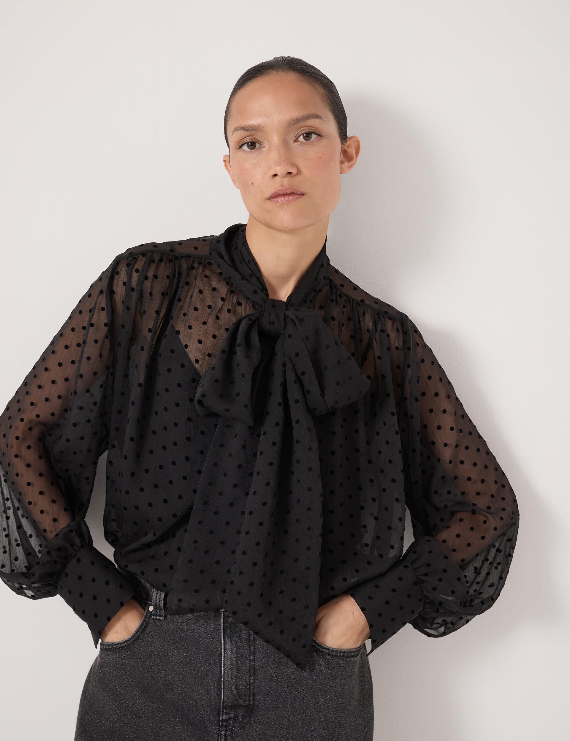 Tie Neck Flocked Spot Blouse