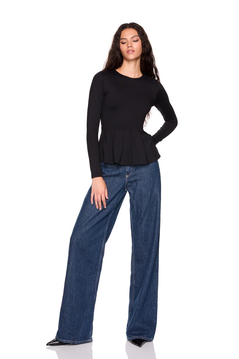 Long Sleeve Peplum Top, Alternate, color, BLACK