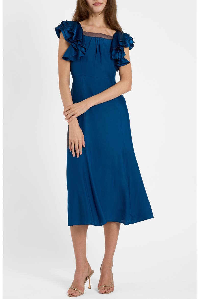Yeda Fit and Flare Midi Dress in Silk Crepe de Chine, Alternate, color, Electric Blue
