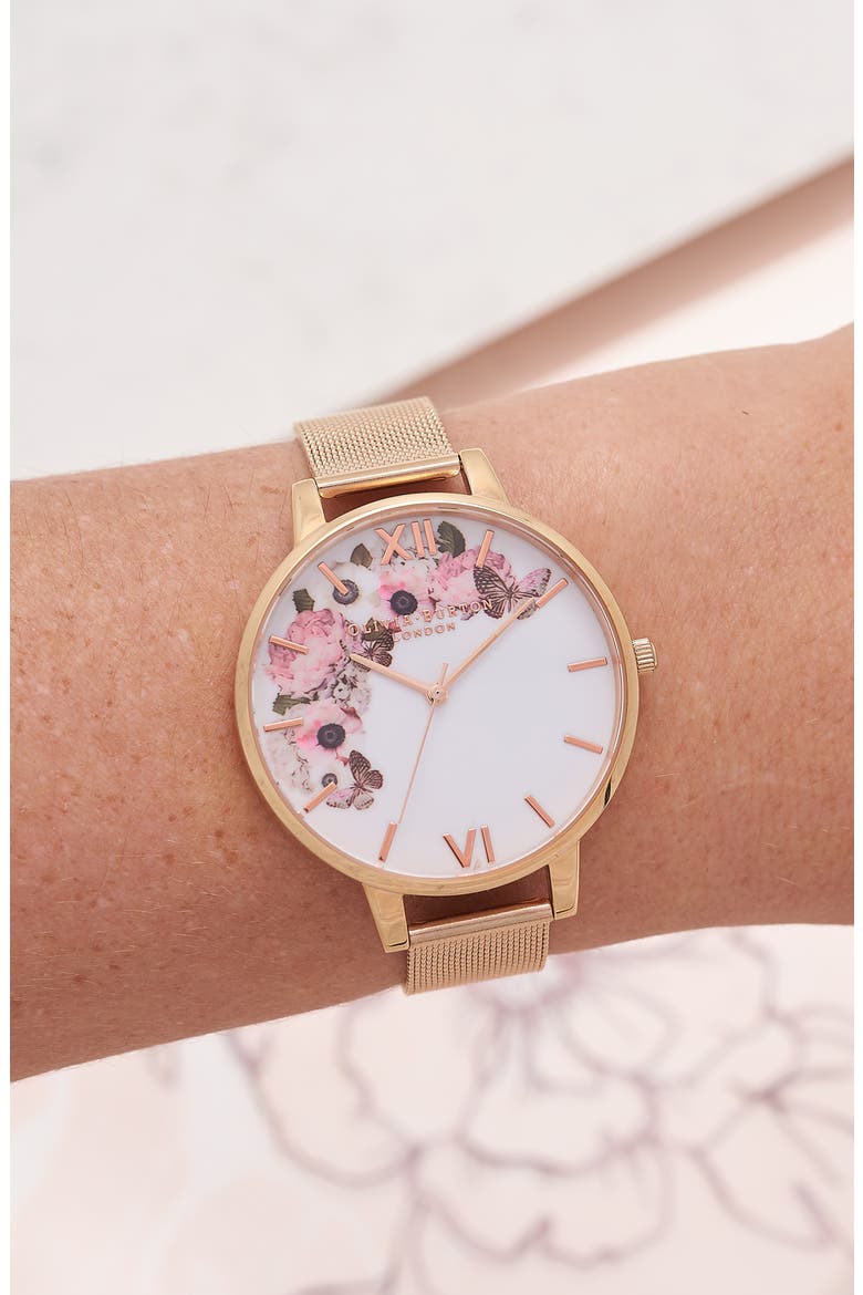 Signature Florals Mesh Bracelet Watch, 38mm, Alternate, color, ROSE GOLD/ ROSE GOLD/ WHITE