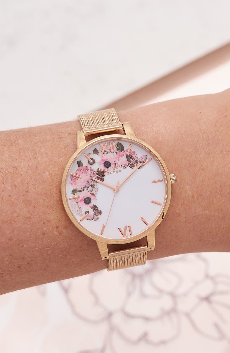 Olivia Burton Signature Florals Mesh Bracelet Watch, 38mm, Alternate, color, 