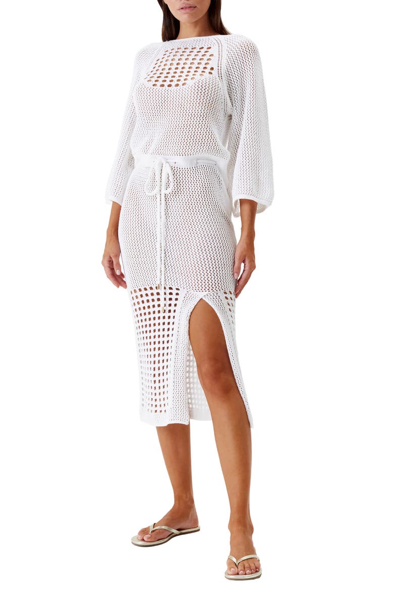 Brooke Open Knit Sheer Cover-Up Dress, Main, color, WHITE
