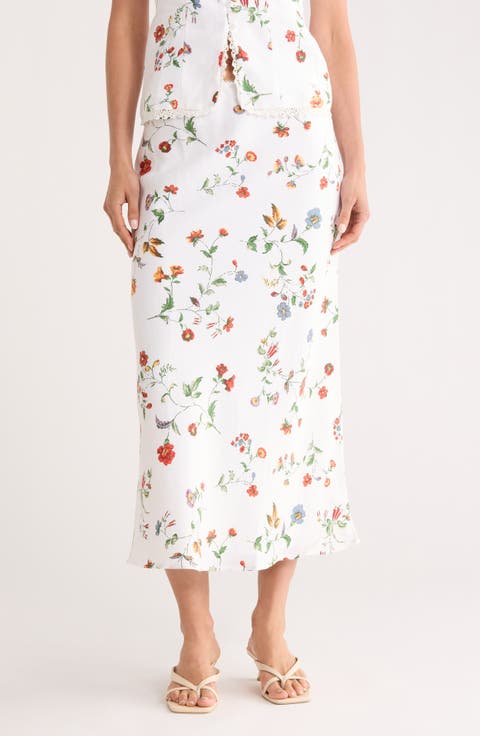 Floral Linen Midi Skirt