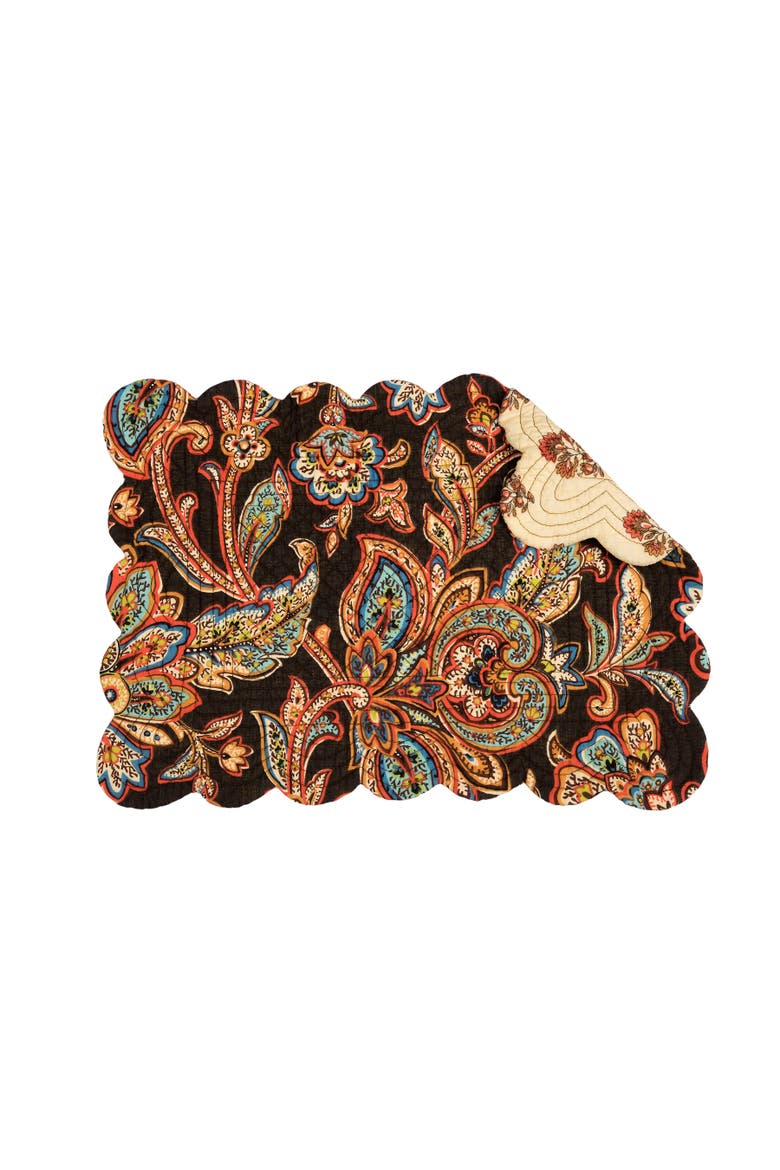 Dorothy Autumnal Brown Quilted Scalloped Paisley Floral Placemats Set of 6, 13" x 19", Alternate, color, Black