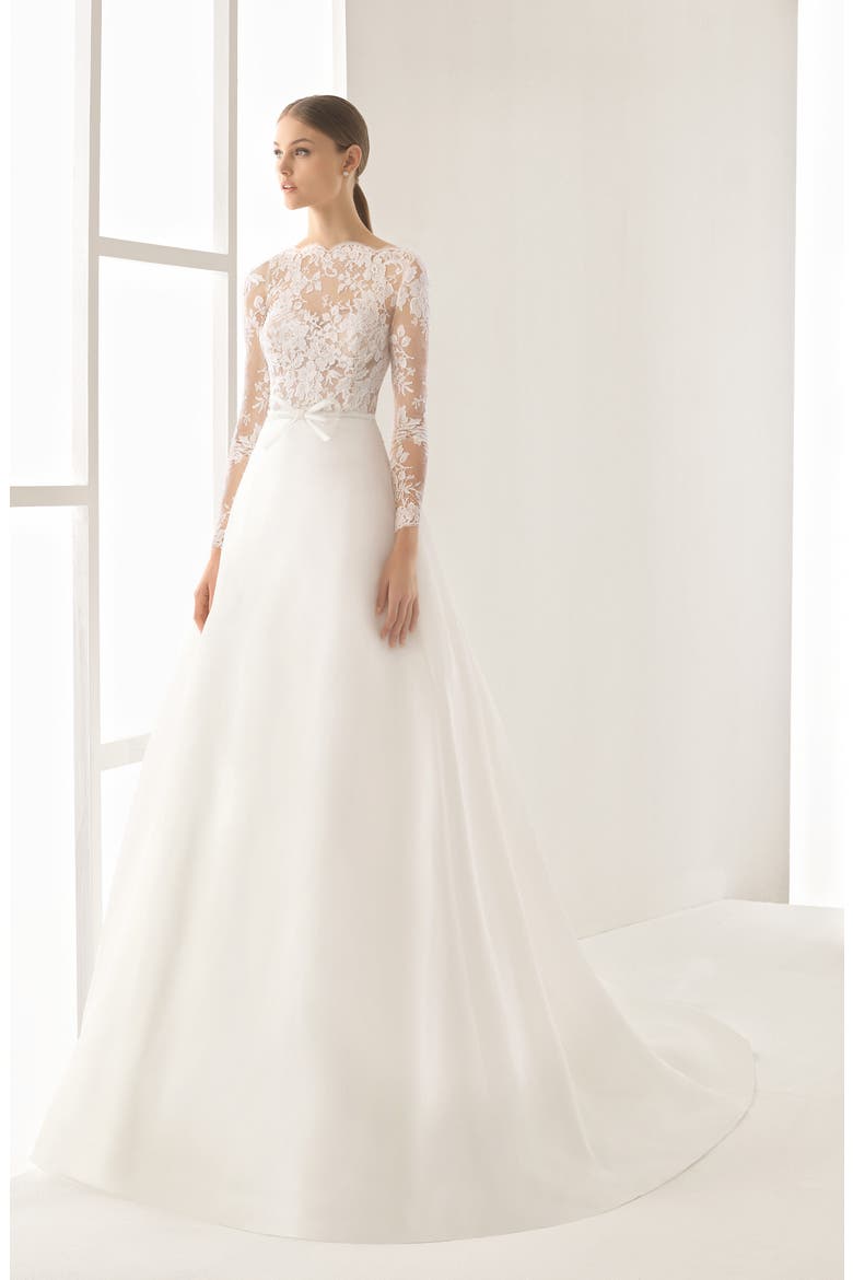 Rosa Clara Couture Nilo Lace Long Sleeve A-Line Gown, Alternate, color, IVORY