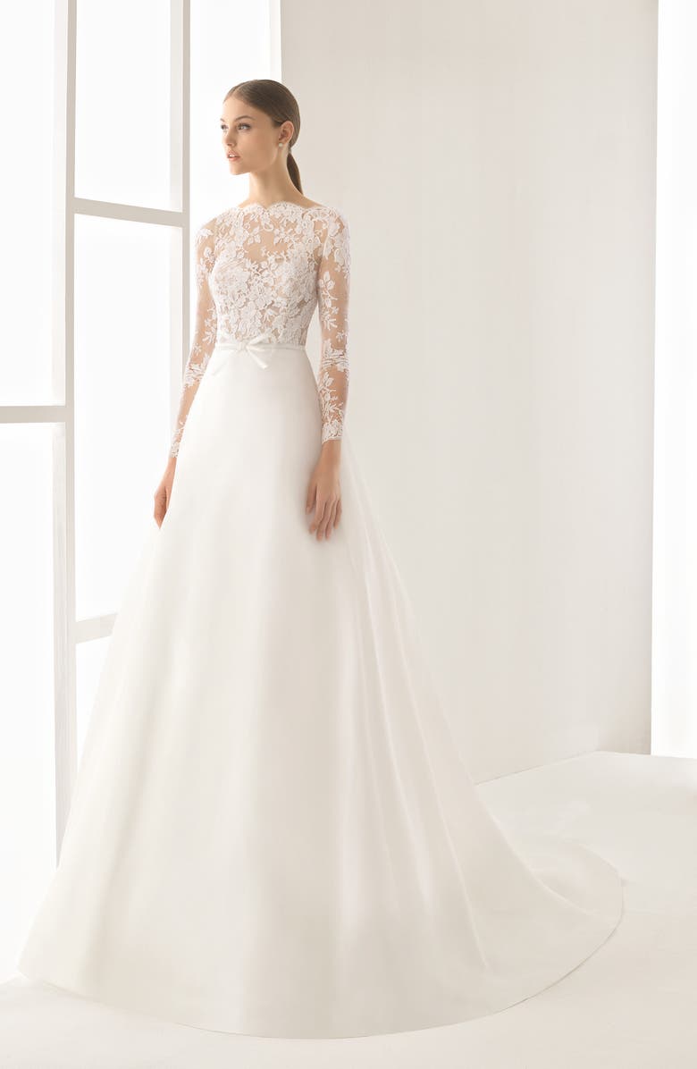 Rosa Clará Couture Nilo Lace Long Sleeve A-Line Gown, Alternate, color, 