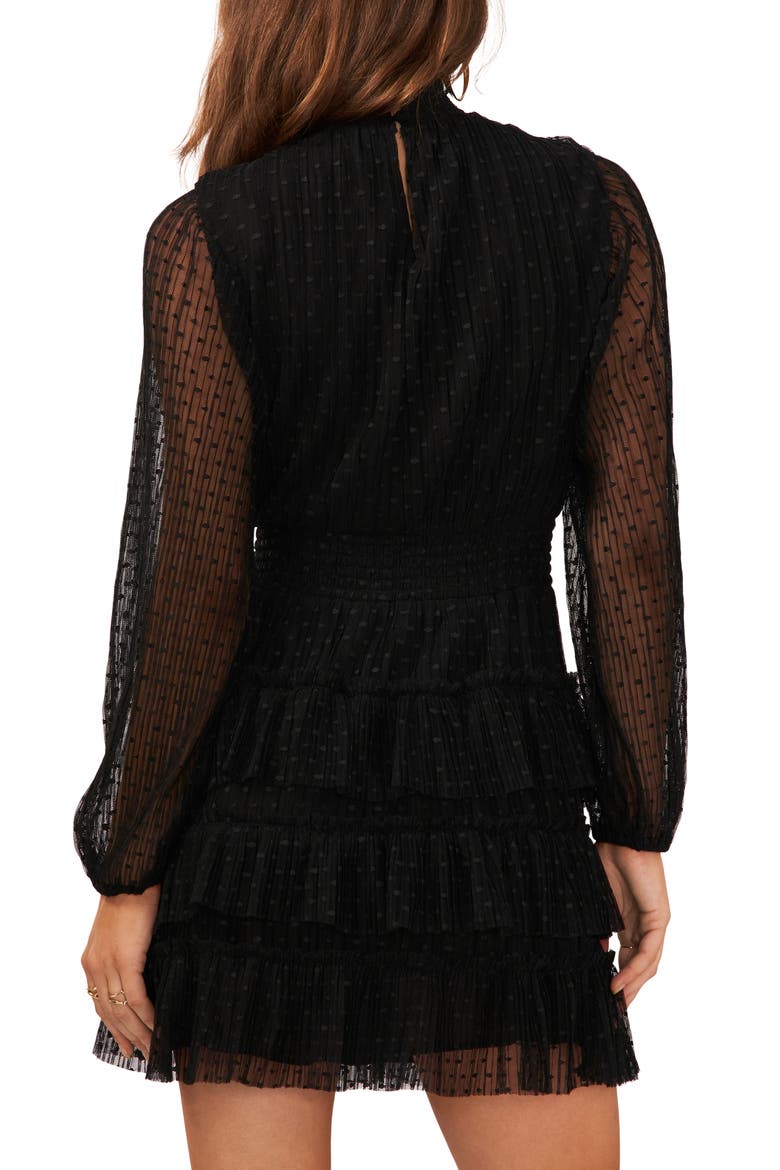 Long Sleeve Plissé Point d'Esprit Minidress, Alternate, color, RICH BLACK