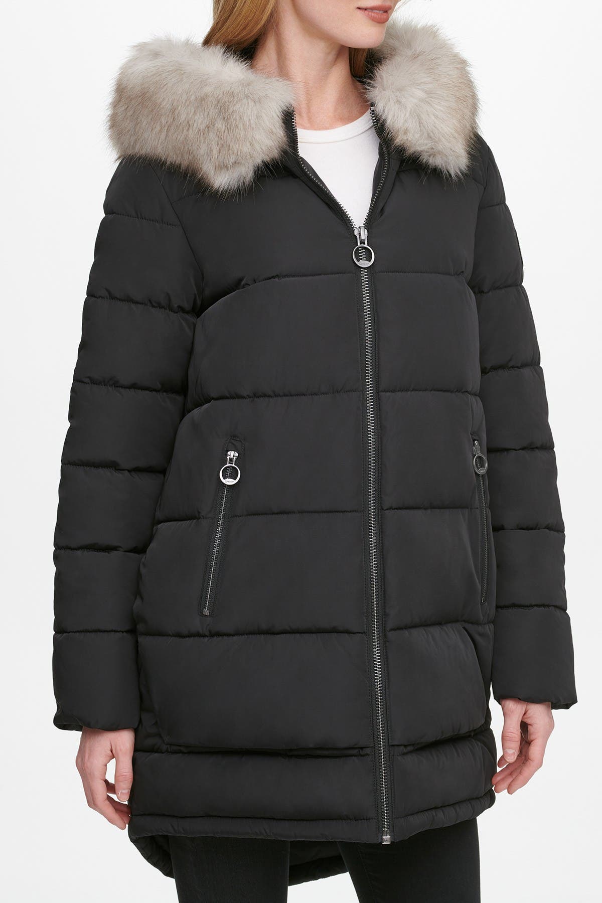 DKNY Zip Front Puffer with Faux Fur Trim Hood | Nordstromrack