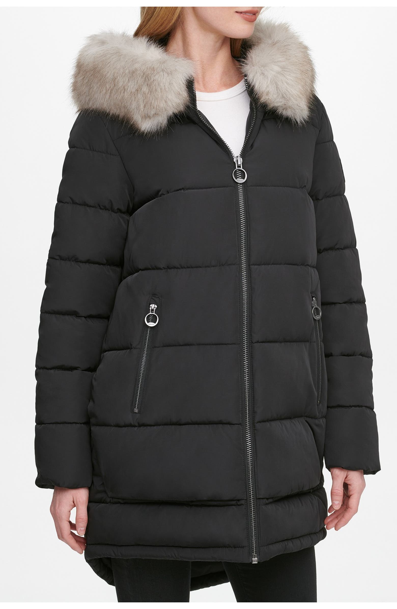 DKNY Zip Front Puffer with Faux Fur Trim Hood | Nordstromrack