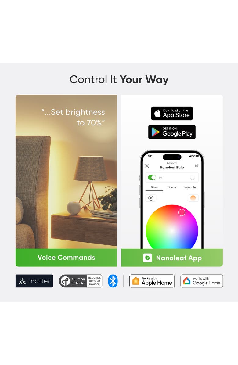 Nanoleaf Caveman Matter & Wi-Fi A19 Smart LED Light Bulb, Alternate, color, Multicolor