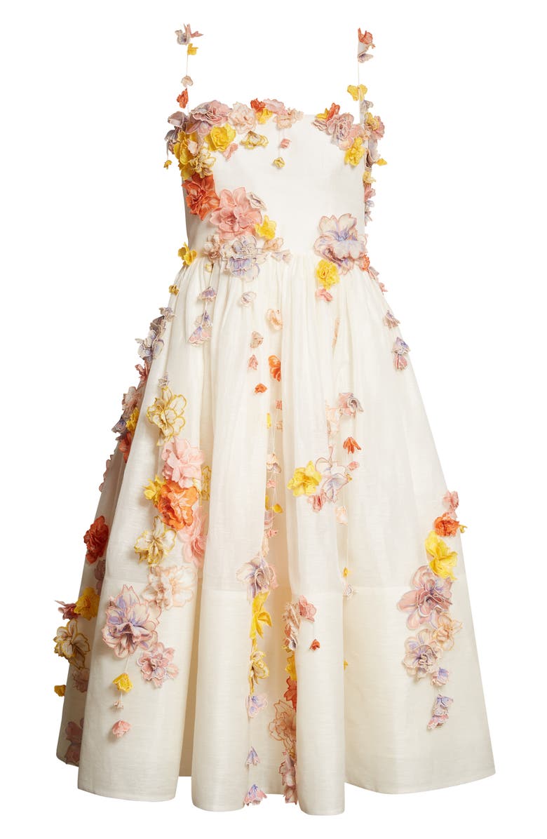 Zimmermann Postcard Floral Appliqué Linen & Silk Midi Dress, Alternate, color,