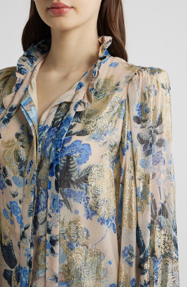 KOBI HALPERIN Josie Metallic Floral Ruffle Button-Up Shirt, Alternate, color, Blue Multi