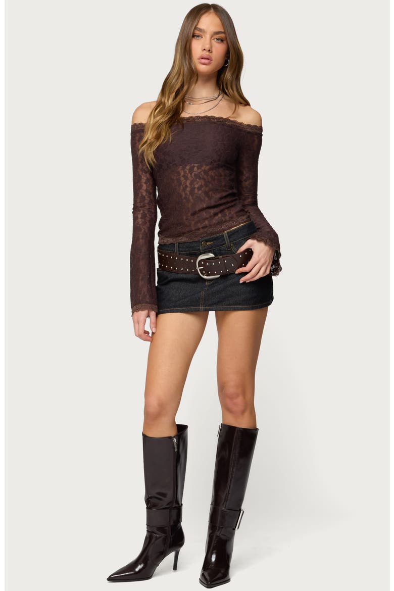 Off the Shoulder Sheer Lace Top, Alternate, color, BROWN
