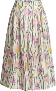 The Lulo Project The Reef Print Pleated Linen & Cotton Maxi Skirt